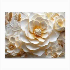 3d Modern Flower Artwork in Gold and White Hues Canvas Print