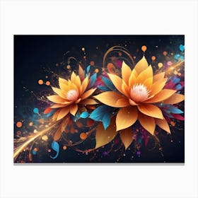 Two Luminous, Golden Flowers Bloom Amidst A Swirl Of Colorful, Abstract Elements And Sparkling Particles Canvas Print