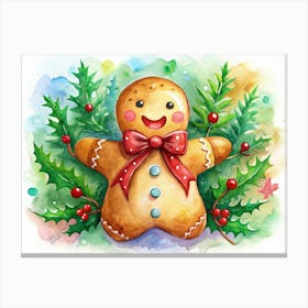 Watercolor Illustration Of A Gingerbread Man With Holly And Berries Canvas Print