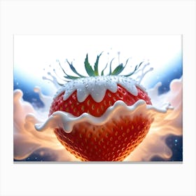 Photo Of A Strawberry Covered In A Splash Of Milk Against A Blue Background Canvas Print