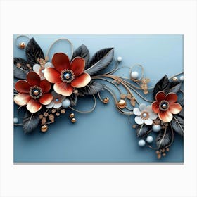 3d Artwork Illustration White and Blue Background with Golden Jewelry and Flowers Canvas Print