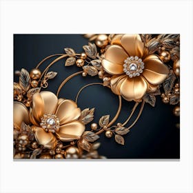 3d Art Illustration Background With Golden Jewelry And Flowers Canvas Print