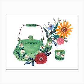 Teapot And Floral Canvas Print