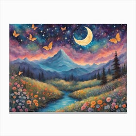 Mystical Moonlit Symphony Vibrant Stars, Enchanting Mountain Canvas Print