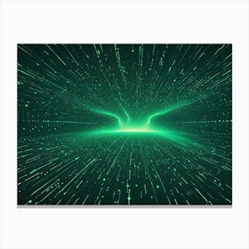 Green Glowing Lines And Dots Radiating Outwards From A Center Point Towards The Viewer, Creating A 3d Space Effect Canvas Print