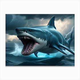 A 3d Illustration Of A Great White Shark Leaping Out Of The Water With A Lightning Storm In The Background Canvas Print