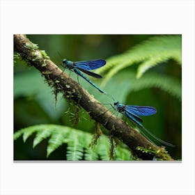 A Pair Of Vibrant Siam Blue Flies Perching On A Slender Rainforest Branch Construct Their Nest Amo Canvas Print