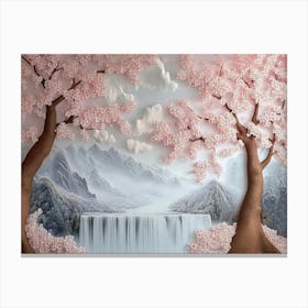 3d Luxury Artwork With A Golden Japanese Landscape And Cherry Blossoms, Sakura , White Waterfall 1 Canvas Print