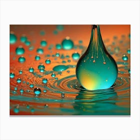 A Single Turquoise Water Droplet Falling Into A Pool Of Water, Creating Concentric Ripples And Smaller Droplets, Against An Orange Background Canvas Print