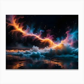 Abstract, Digital Art With Swirling, Flowing Patterns In Shades Of Blue, Pink, And Orange, Resembling A Cosmic Nebula Or A Swirling Galaxy, With A Reflective Water Surface Below Canvas Print