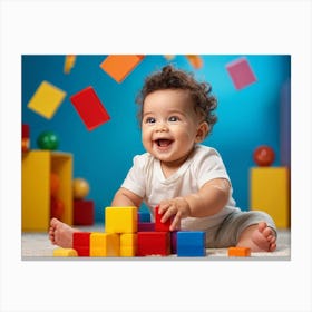 Baby Smiling Engaging With Vibrant Blocks Of Primary Colors Soft Focus Background Enhancing The Ch (2) Canvas Print