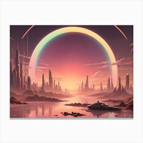 An Illustration Of A Futuristic Cityscape With A Vibrant, Rainbow Colored Archway In The Sky Canvas Print