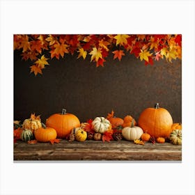 Autumn Themed Table Decoration Scattered Maple Leaves In Warm Shades Intermixed With Small Pumpkin (1) Canvas Print