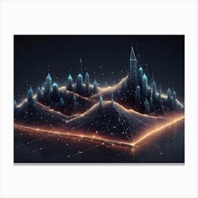 A 3d Representation Of A Futuristic City, Depicted As A Wireframe Model With Glowing Blue Lines And Orange Accents, Set On A Dark Background Canvas Print