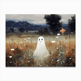 Happy Bedsheet Ghost In Flower Landscape Vintage Style, Halloween Spooky Canvas Print