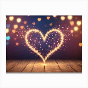 A Glowing, Golden Heart Shape With Stars On A Dark Background, With Bokeh Hearts Behind It Canvas Print