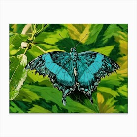 Radiant Blue Butterfly on Lush Foliage. A vibrant blue butterfly with intricately patterned wings rests gracefully amidst a background of vivid green leaves, showcasing the beauty of nature's artistry. Canvas Print