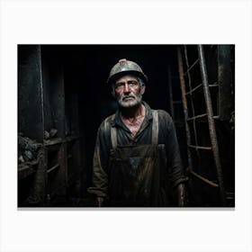 Old Miner With A Dirty Face Standing In A Coal Shaft Facial Features Expressing Hardworking Resilie Canvas Print