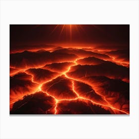 An Aerial View Of A Volcanic Landscape With Glowing Red Lava Rivers Flowing Through The Mountains Canvas Print