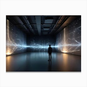 A Person Stands Silhouetted In A Dark Room With Screens On Either Side, Displaying Glowing, Flowing Lines Of Light And Data Canvas Print