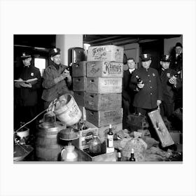 Prohibition, Police Raid Liquor Bottles, Black and White Old Photo, Vintage Bar Cart Decor Canvas Print