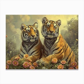 Floral Animal Illustration Siberian Tiger 2 Canvas Print