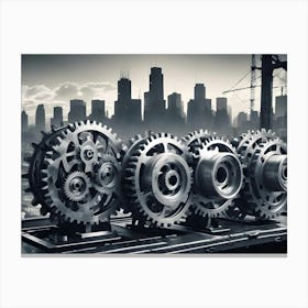 An Image Of A Set Of Interlocking Gears Against A Backdrop Of A Cityscape Canvas Print