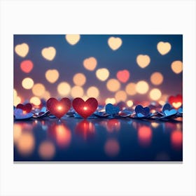 Abstract Image Of A Row Of Hearts With A Glowing Center Against A Blurred Background Of Colorful Heart Shaped Lights Canvas Print