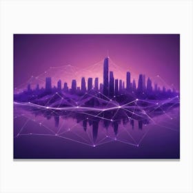 A Stylized, Futuristic Cityscape Rendered In A Vibrant Purple Hue, With Glowing Lines Connecting Buildings And Forming A Web Like Network 2 Canvas Print