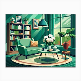 Green Living Room With Sofa, Bookshelf And Plants Canvas Print