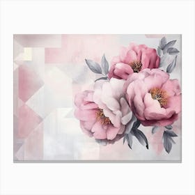 Beautiful 3d Watercolor Peonies In Rose Color with Geometrical Background Canvas Print