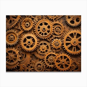 A Close Up Image Of Various Intricately Detailed Gears And Cogs, Primarily In Gold, Arranged On A Brown Background 2 Canvas Print