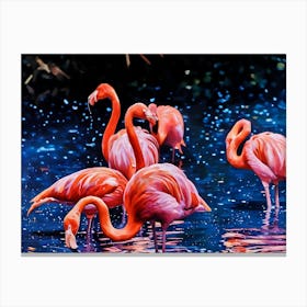 Flamingos in a Tranquil Lagoon. A serene scene of vibrant pink flamingos wading and interacting in a lush, green lagoon surrounded by dense foliage. The water reflects their elegant forms, creating a harmonious connection between nature and wildlife. 2 Canvas Print