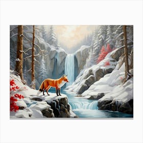 Red Fox And Frozen Waterfall Canvas Print