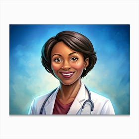 A Portrait Of A Smiling Black Woman Doctor, Wearing A White Coat And Stethoscope, With A Soft Blue Background Canvas Print