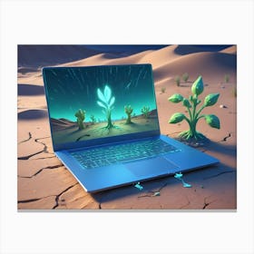 Blue Laptop On A Cracked Desert Ground With A Glowing Green Plant Emerging From It And A Matching Screen Canvas Print