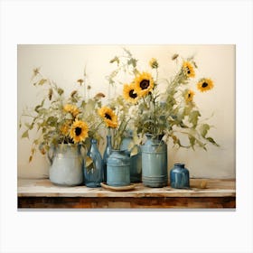 Sunflowers In Blue Vases Canvas Print