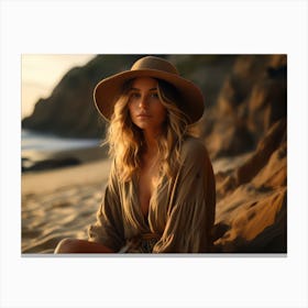 Girl With A Hat On The Beach Canvas Print