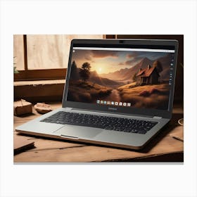 A Laptop With A Warm, Wood Toned Desktop Setting, Featuring A Mountain Landscape And A Cozy Cabin Canvas Print