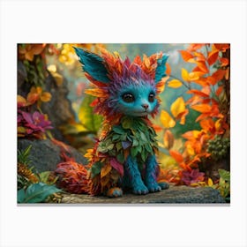 Whimsical Creature With Vibrant Foliage In Its Fur Playfully Nestled Among Surreal Colorful Leaves Canvas Print