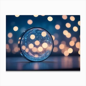 A Glass Orb With Glowing Blue Light Inside, Representing A Magical, Mystical, Or Futuristic Object, With A Blurred Background Of Golden Lights Canvas Print