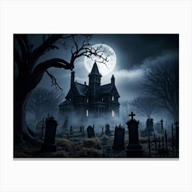 Frightened Souls Hovering Over A Mist Enshrouded Graveyard Full Moon Piercing Through Ominous Cloud (6) Canvas Print