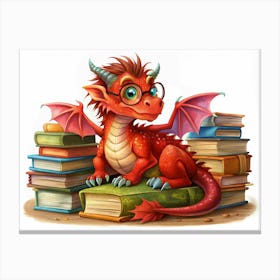 Red Dragon With Glasses Sitting On Stack Of Books 1 Canvas Print