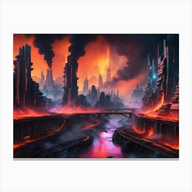 Cyberpunk city with lava and river 6 Canvas Print