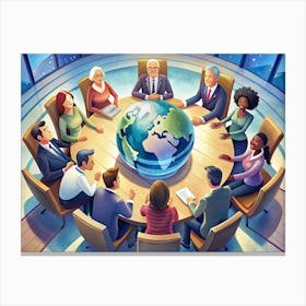 Diverse Group Of People Meeting Around A Table With A Globe In The Center Canvas Print