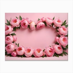 A Heart Shape Created By Pink Peonies With Green Leaves, Against A Pink Background Canvas Print