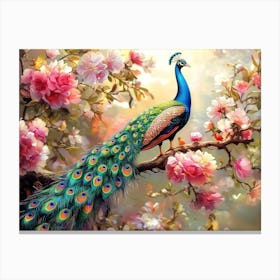 3d Peacock on Branch with Flowers Canvas Print