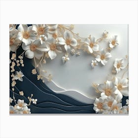 3d Artwork Illustration With A White And Blue Background Adorned With Golden Jewelry And Flowers 1 Canvas Print