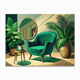 Green Velvet Armchair In A Luxurious Living Room Canvas Print