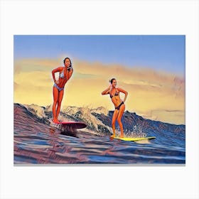 Two Women Surfing On The Sea Cool Canvas Print